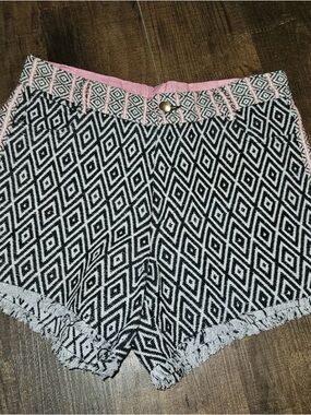 Anthropologie Black & White Diamond-Print High Waist Shorts with Pink Trim